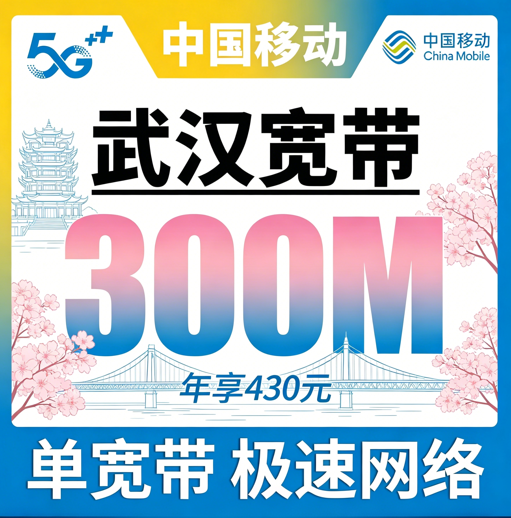 武汉省宽带移动430元年享300bps