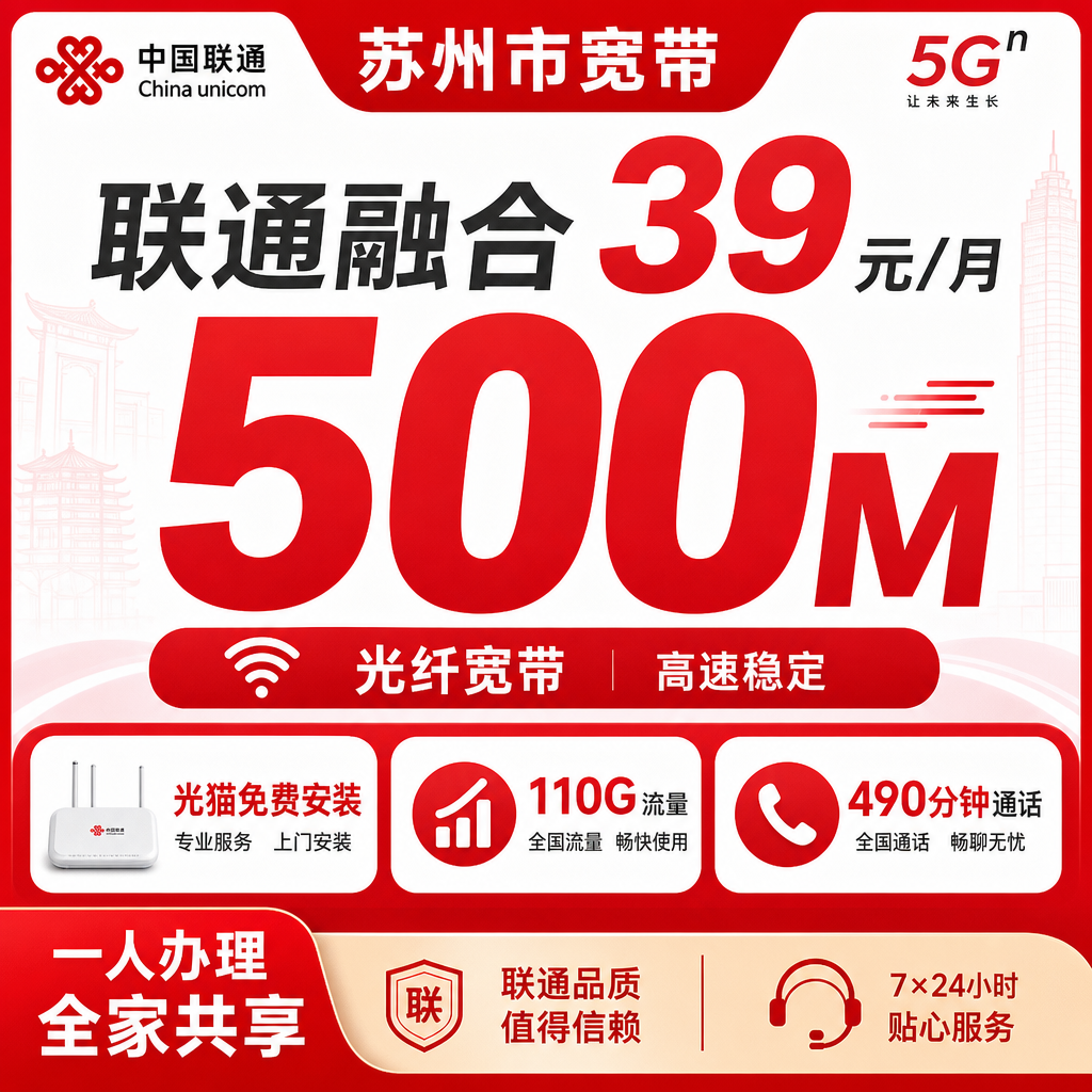 苏州市宽带联通融合39元月享110G+490分钟+500Mbps