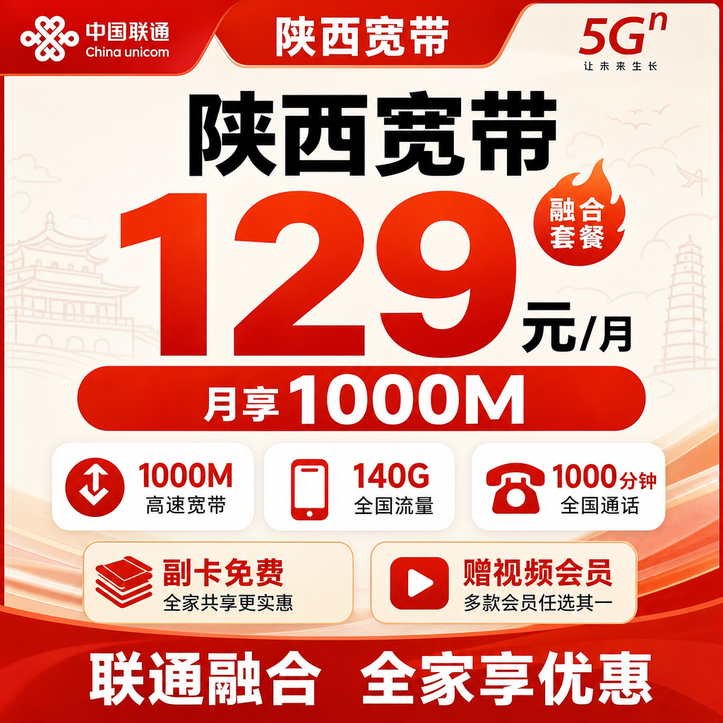 陕西宽带联通融合129元月享140G+1000分钟+1000Mbps